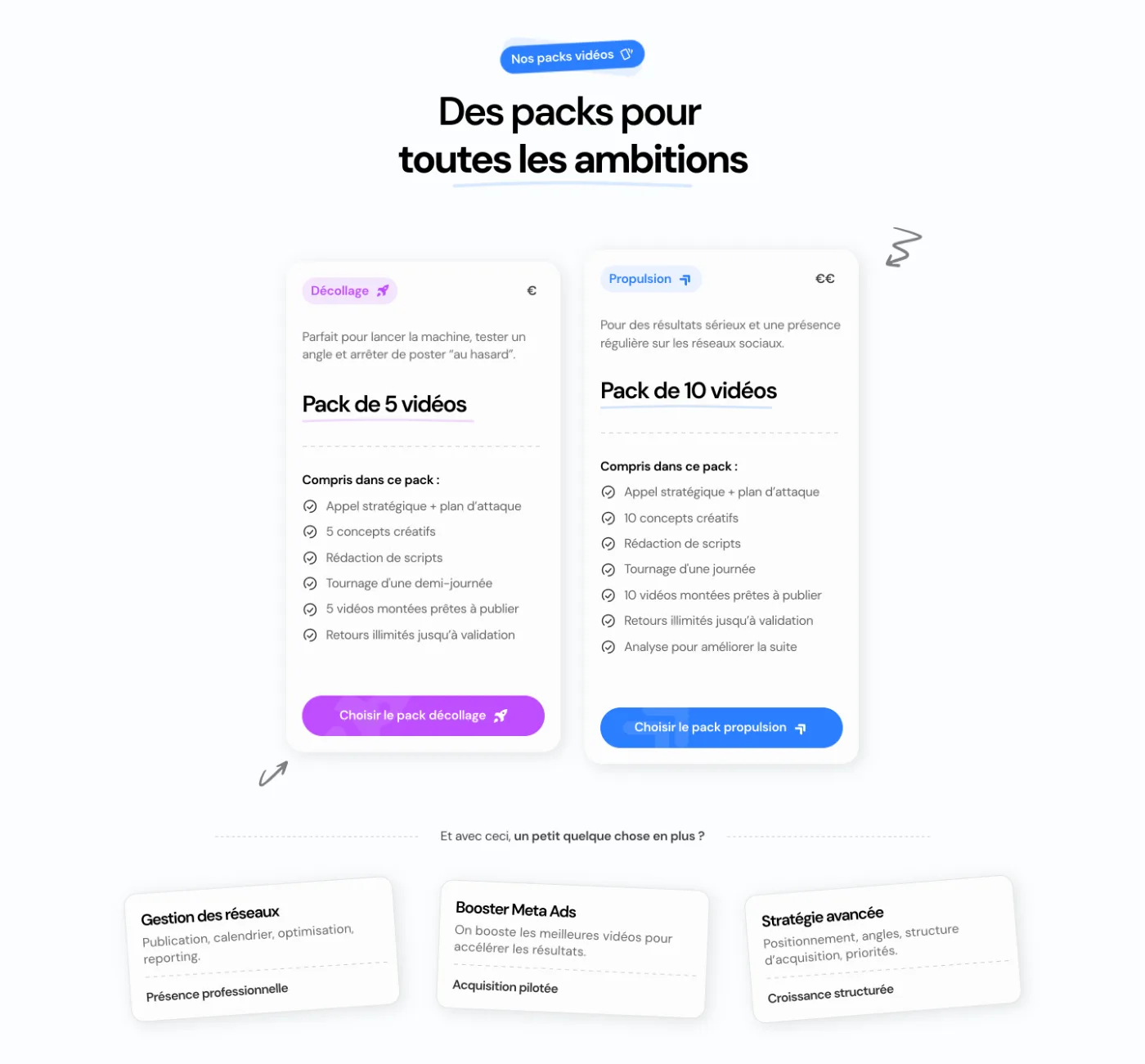 Section « Des packs pour toutes les ambitions » : pack de 5 vidéos, pack de 10 vidéos et options