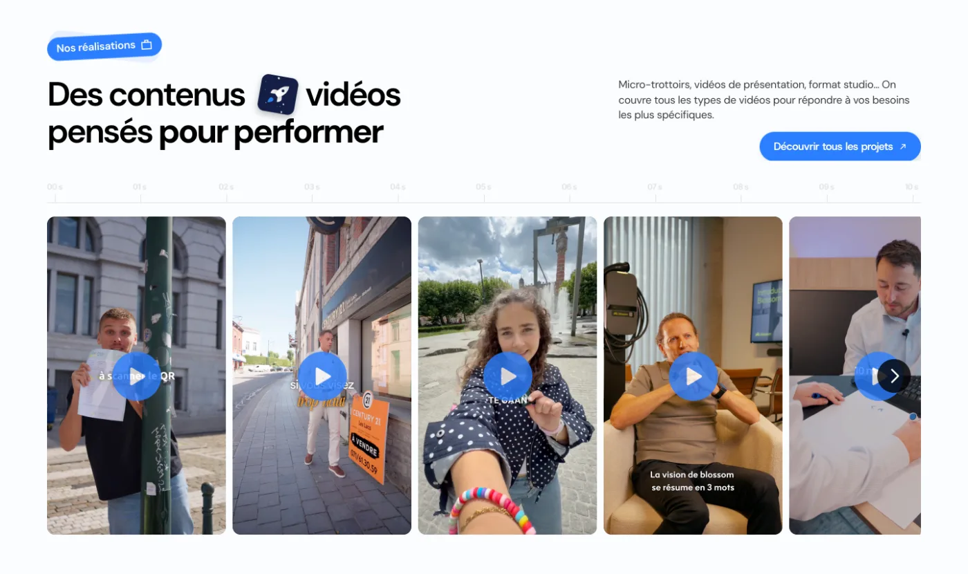 Section « Des contenus vidéos pensés pour performer » avec un carrousel de vidéos verticales