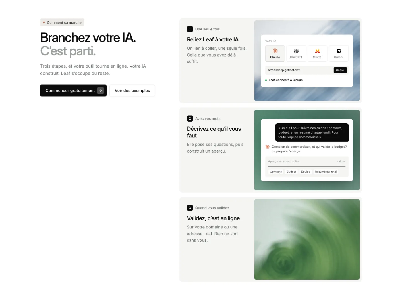 Section « Branchez votre IA. C'est parti. » avec trois étapes illustrées