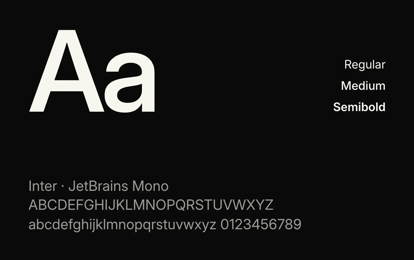 Spécimen de la typographie Inter en blanc cassé sur fond noir