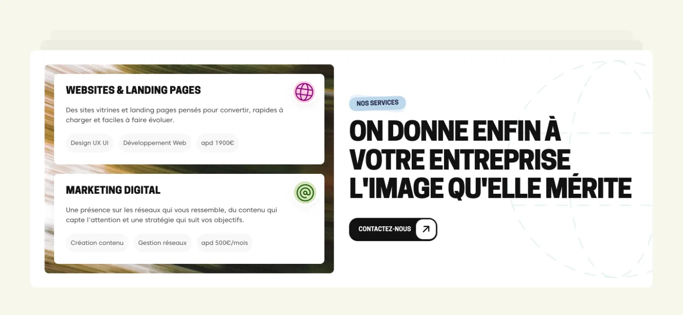 Section « On donne enfin à votre entreprise l'image qu'elle mérite » avec les cartes Websites & landing pages et Marketing digital