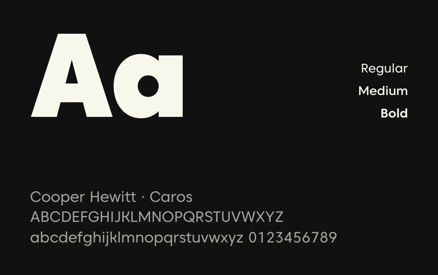 Spécimen de la typographie Cooper Hewitt en crème sur fond noir