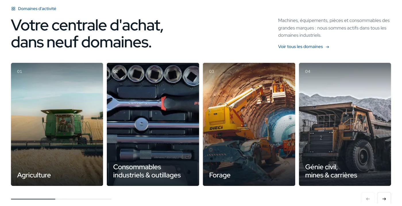 Section « Votre centrale d'achat, dans neuf domaines » avec des cartes photo : agriculture, outillage, forage, génie civil
