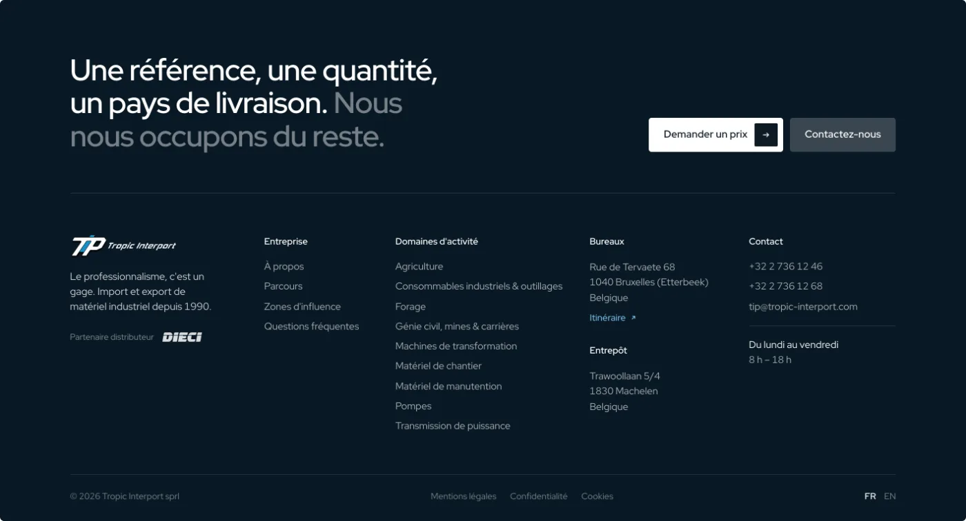Bas de page du site : « Une référence, une quantité, un pays de livraison. Nous nous occupons du reste. » avec les boutons Demander un prix et Contactez-nous