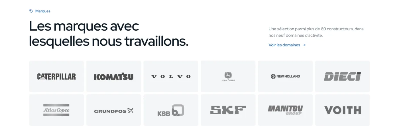 Grille de logos des marques partenaires : Caterpillar, Komatsu, Volvo, John Deere, New Holland, Dieci et d'autres