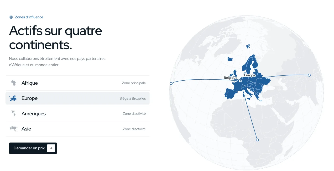 Section « Actifs sur quatre continents » avec la liste des zones et un globe reliant Bruxelles à l'Afrique, l'Asie et les Amériques
